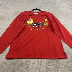 Quacker Factory Shirt Womens Large Red Sequin Cow Barn Farm‎ Scene Pullover Top